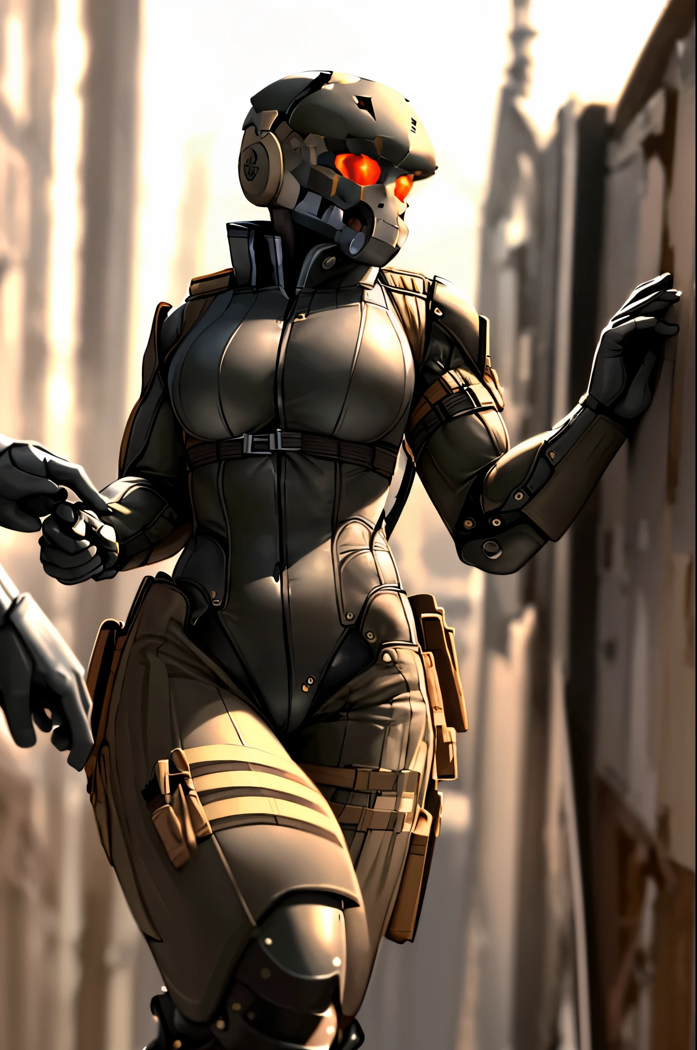 A female Haven Trooper is depicted in this artwork. She is shown in an action-packed scene where she is being forcefully grabbed and groped from behind. The viewer can sense the tension and urgency of the moment. The Haven Trooper is wearing her characteristic armor and helmet, her face cannot be seen under her helmet and suit.  Sex, and penetration are imminent . Flat shading.  Violent grabbing and groping, squeezing.  Front and back view