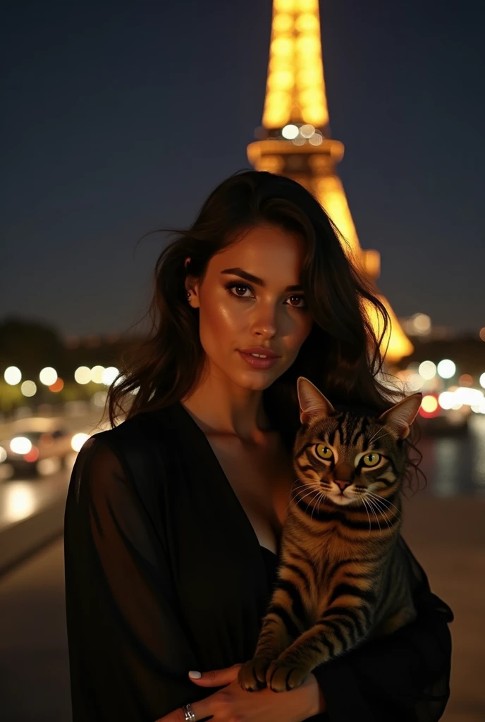 Beautiful realistic Moroccan latina girl with dark brown eyes, with his cat, 2, woman in a stylish black dress, enjoying a night standing in front of the Eiffel tower, with the iconic landmark and singularly featured in the background, ((with the model showing a full body view)), almond-shaped eyes, oval face shape, prominent cheekbones, and naturally wavy hair ,with a height of 170 cm, high resolution, masterpiece, best quality, complex details, highly detailed, sharpness, detailed skin texture, perfect eye details, profession, 4k resolution, charming smile, shot with Canon, depth of field, Kodak Vision color, extremely detailed, ultra-realistic photography, photo realistic, post processing, maximum detail, true to life, Instagram model, ensure the entire body of the model is shown