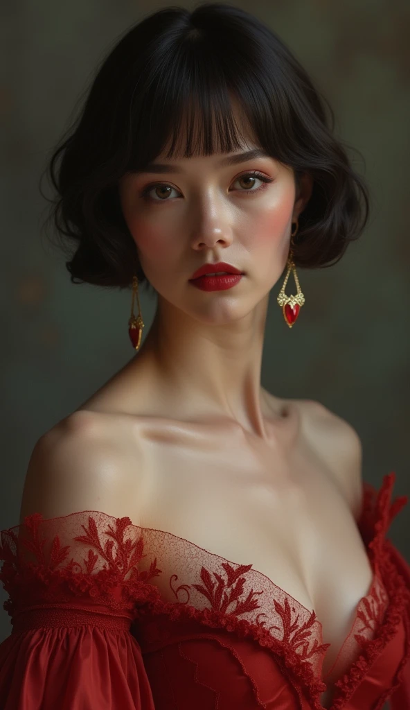 Sexy illustration of an elegant queen using chiaroscuro (((Short hair without bangs:1.8、beautiful eyes) , High quality ,Silk dress, matte paint, John Singer Sargent, author：Katsuya Terada、 Very soft colors, Deep and vivid, Deep red pastel, Very detailed, The art of math, High contrast, dramatic, complicated, Tone, close, Sexy and romantic、masterpiece、The Minimalists、