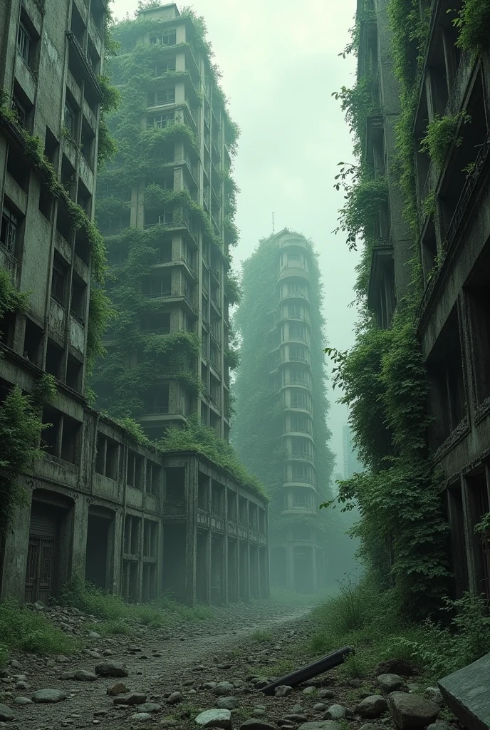 Surreal abandoned buildings, fallen into ruin，broken，Armageddon，Dilapidated buildings，Buildings invaded by plants，big city