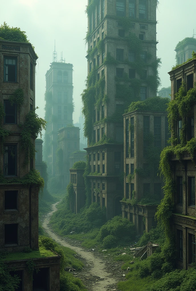 Surreal abandoned buildings, fallen into ruin,broken,Armageddon,Dilapidated buildings,Buildings invaded by plants,big city