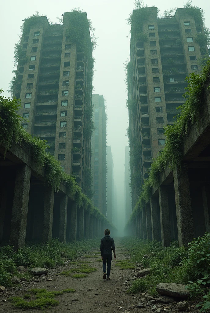 Surreal abandoned buildings, fallen into ruin,broken,Armageddon,Dilapidated buildings,Buildings invaded by plants,big city
