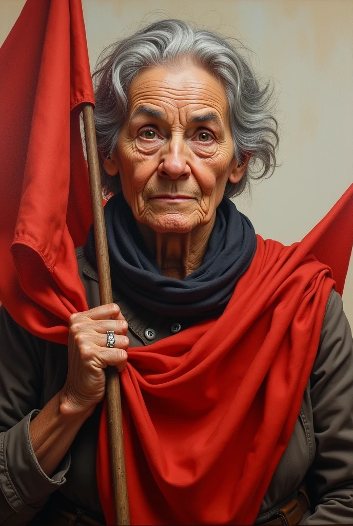 Marxist old women potrait
with red Communist flag