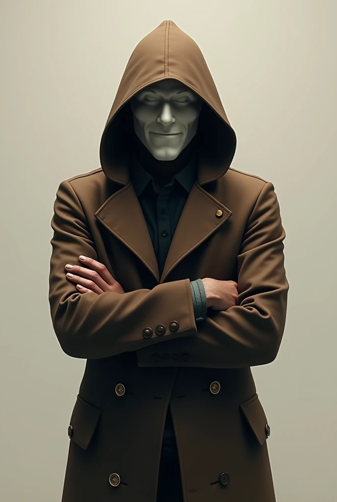 one  men, with a hood and a brown overcoat, with a white mask (not hacker) and arms crossed in a thoughtful pose facing forward