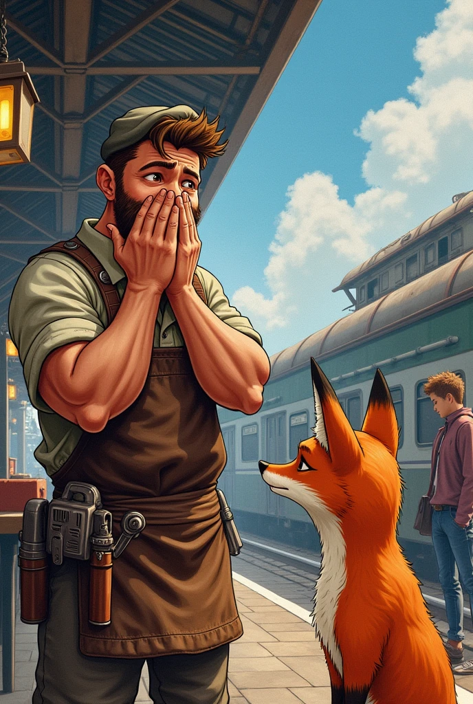 Colored drawing of a friendly blacksmith scared putting his hand over his mouth (On the left side of the image, seeing an orange fox and his teenage friend at a train station