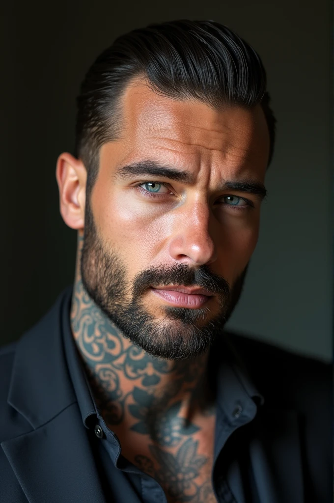 Masculine man. Full lips, straight nose, and a finely trimmed beard and mustache. Light blue eyes and perfectly slicked back hair. Tattoos.