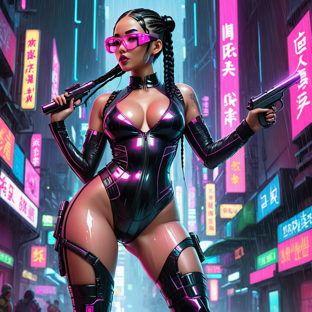 Create an illustration of a voluptuous, athletic woman wearing a form-fitting faux leather outfit. The clothing has several openings showing details of the body. The character is facing away but looking towards the viewpoint showing the side of her breasts.. She has short black hair with long thin braids. She is holding a technological pistol pointing upwards. she wears futuristic transparent glasses in neon pink color. the background scenery should be a cyberpunk futuristic oriental city. a light rain splashes over the character's body. the scene is night.