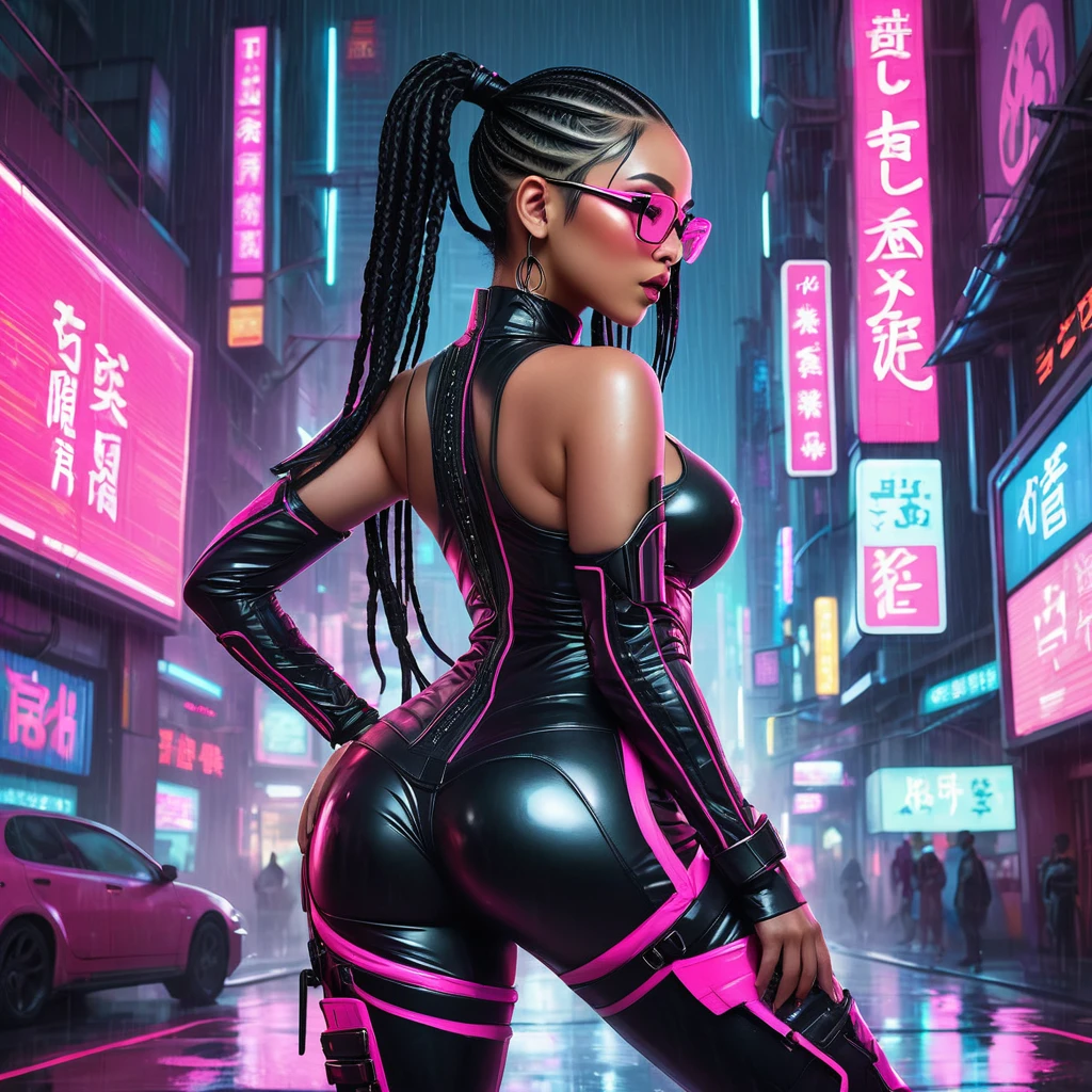Create an illustration of a voluptuous, athletic woman wearing a form-fitting faux leather outfit. The clothing has several openings showing details of the body. The character is facing away but looking towards the viewpoint showing the side of her breasts.. She has short black hair with long thin braids. She is holding a technological pistol pointing upwards. she wears futuristic transparent glasses in neon pink color. the background scenery should be a cyberpunk futuristic oriental city. a light rain splashes over the character&#39;s body. the scene is night.