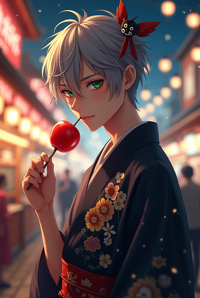 A very handsome male teenager is wearing a very handsome Yukata he is tied by a beautiful red thread and he is wearing Japanese slippers he has light brown skin green eyes silver hair and on the right side he has a tengu mask tied by a red thread he is at a festival eating a candy apple at night the image has to be in anime rock