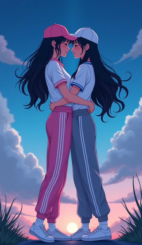 Two girls long black hairs, yuri
The first girl wear a white polo shirt pink shirt collar pink sleeves, pink cap, pink adidas sweatpants with three white stripes.
The second girl wore a white an polo shirt grey shirt collar grey sleeves, grey cap, grey adidas sweatpants with three white stripes.
They are wear the white socks and white adidas sneakers. The hem of their shirt was tucked into their pants.
Hugging, kissing, closed eyes, fantastic night blue sky, novel cartoon, 4K, HD