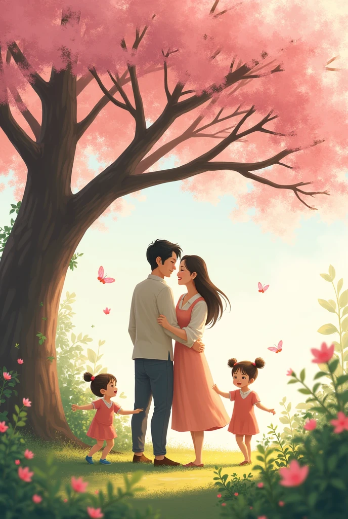 Husband and wife with twins in a garden under a Sakura tree