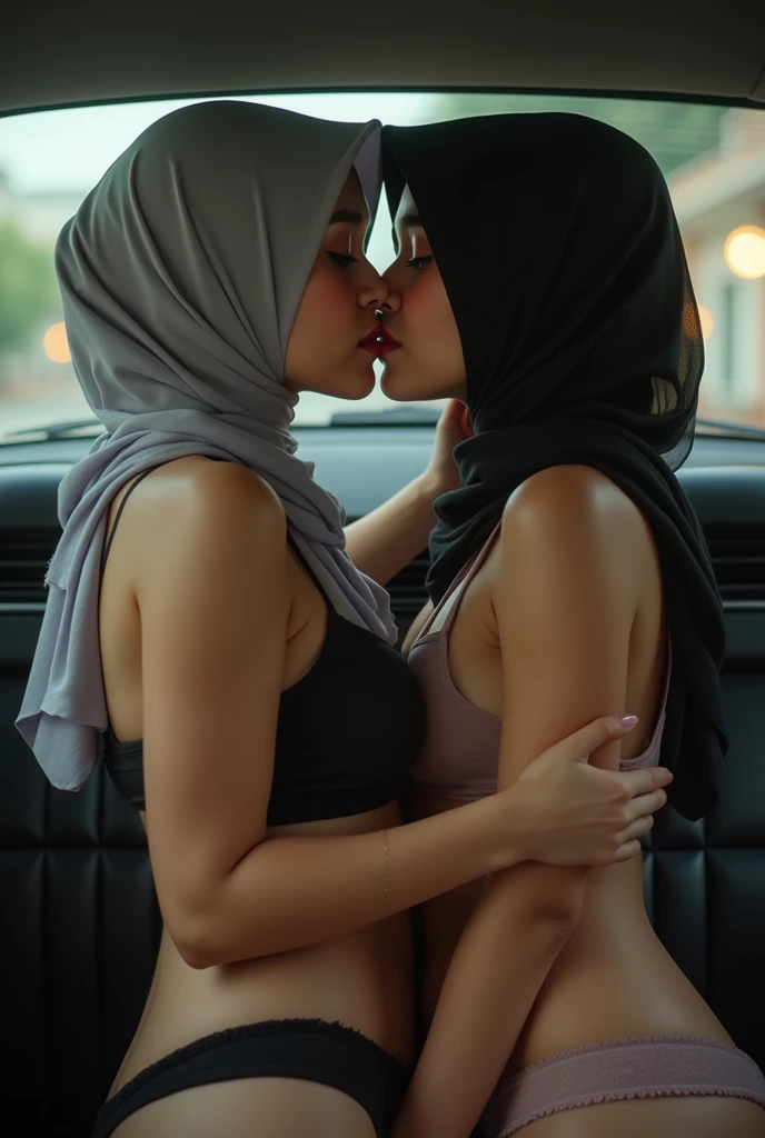 extreme close up of two beautiful teacher hijab indonesian lesbian girl laying down,bra and panties,hugging,french kiss,lesbian sex,,in a car