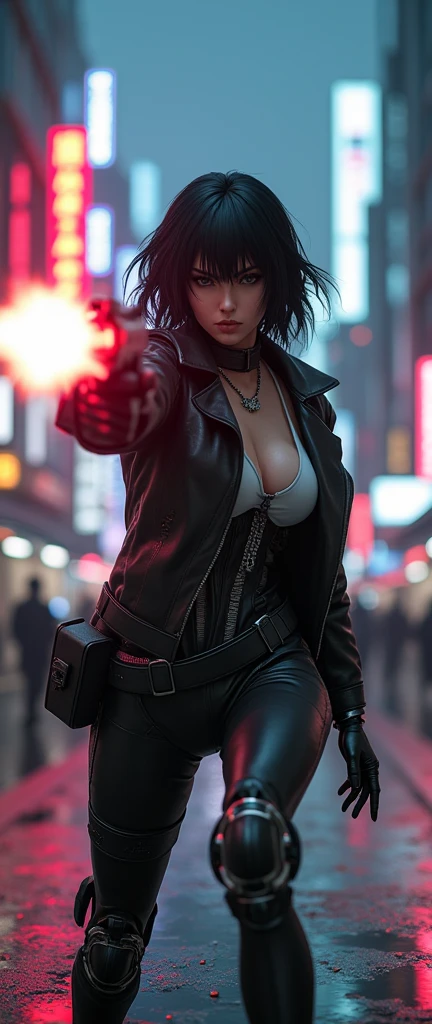 sci-fi, ghost in the shell, motoko kusanagi, holding a gun, firing the gun, dynamic action pose, dynamic camera angle, cyberpunk cityscape background, neon lights, volumetric lighting, hyper detailed, 8k, photorealistic, cinematic lighting, dramatic colors, moody atmosphere, epic character,