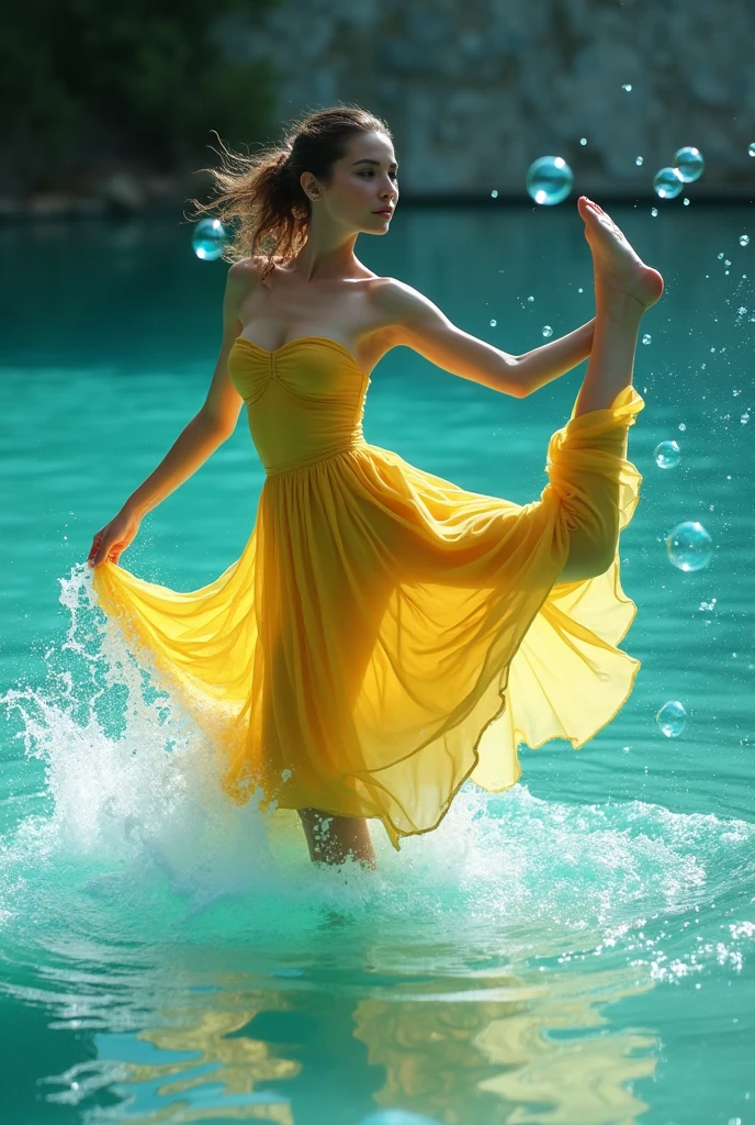 ((Genuine image)) ((top model beauty)) ((winning photograph)) ((top model beauty)), woman ((dancer)) of ((classical ballet)), ((dancing barefoot on turquoise water)), ((model face)) ((respects face shape)) with a ((intense yellow dress)), raises her leg splashing the water making a parabola with the jet, cinematic light, ethereal atmosphere, ((soap bubbles with expressive multicolours)) ((vivid colours)), ((studio lighting)) ((Side, front and overhead light)) ((fashion photography)), subtle and delicate, 4K, ((real photo)), ((intrinsic details in lights and shadows)), hdri