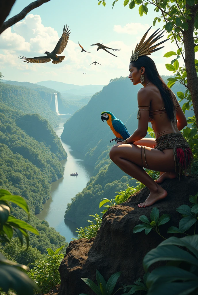 A beautiful Brazilian Indian, indigenous to the Americas and not African, characterized according to how a Tunambá or Tapajó woman dresses, very simply and traditionally, like a real Indian with a painted body and headdress , with a very cute face and an athletic body with a blue macaw on a very high peak in the Amazon rainforest from where you can see the river and a waterfall, but the river must run on a plain, the woman must necessarily be facing forward and slightly crouched among tropical bushes. in the river you can see a canoe not so far away. Other birds fly around the area following a hoopoe in a harmonious formation in the landscape.