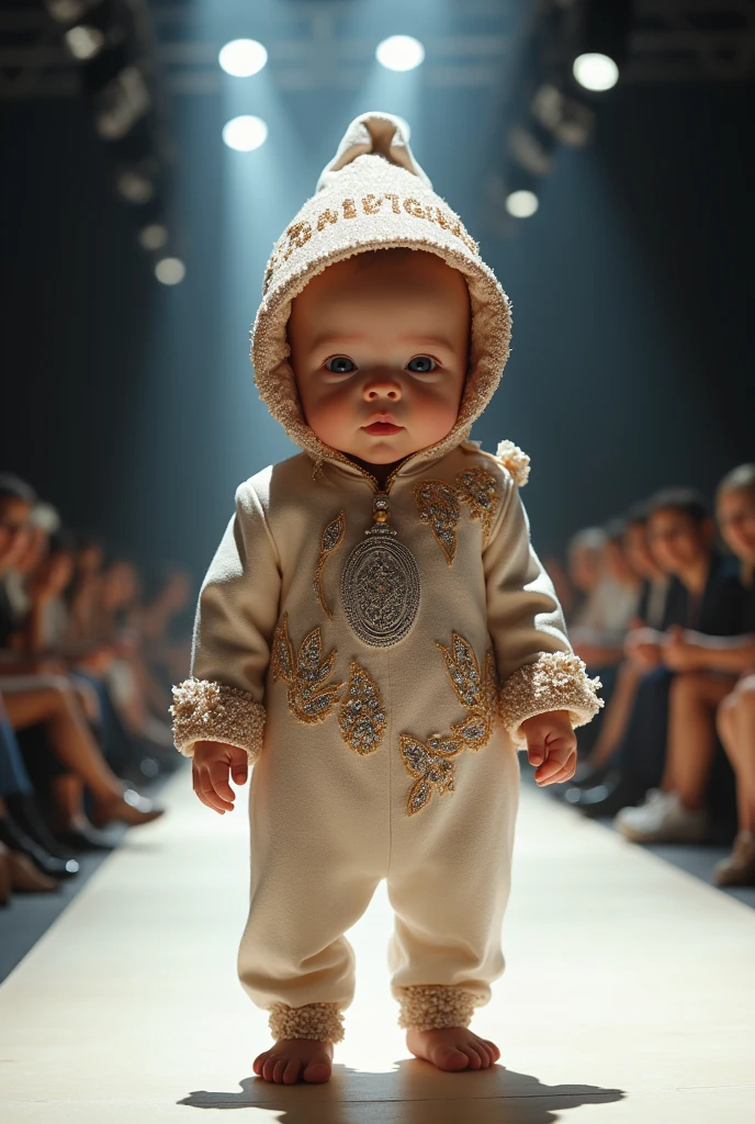 Newborn baby with very large head wearing a Cartier watch costume and hat in a realistic full body fashion show