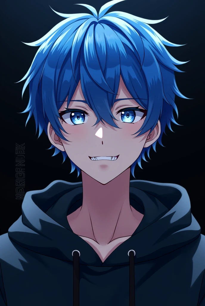 Anime male with blue hair and blue eyes smiling seductively with sharp teeth wearing black hoodie