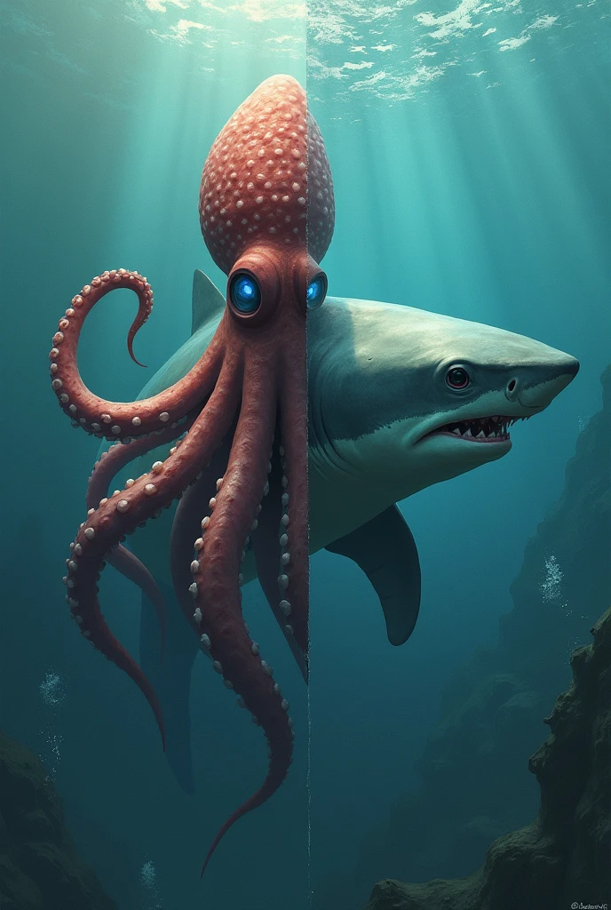 Cut in half and on the left side there is a giant squid and on the other a shark, making the drawing less realistic.