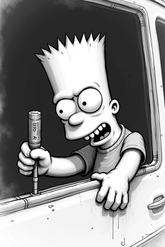 Black scratch sketch bart simpson trying to open car window with screwdriver