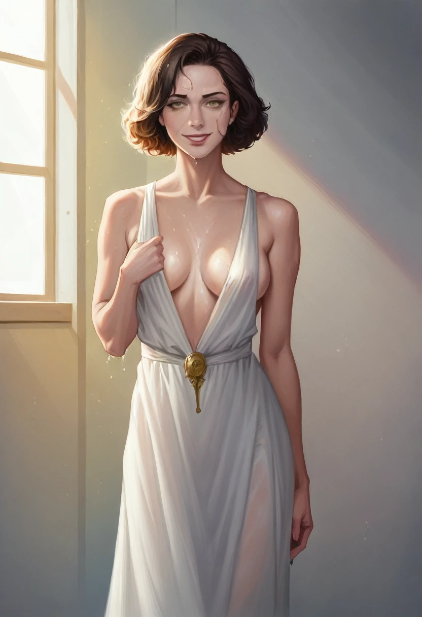 Realistic photo of a beautiful European woman, (Milla Jovovich:0.5), (skin texture:1.1), (detailed eyes), (brown hair), (short hair), (detailed face), (skin pores), (legs), (strong thick body), pale skin, ((high detail plunging partially transparent colourful royal dress)), (seductive smile), standing in the royal baths, facing the camera, (masterpiece), (photorealistic:1.4), RAW photo, best quality, high res, rich colors, backlight, bright sunlight, cinematic lighting, film grain, raw photo, 50mm lens, Nikon D850, cool colors, golden ratio, wet skin, wet hair, wet clothes
