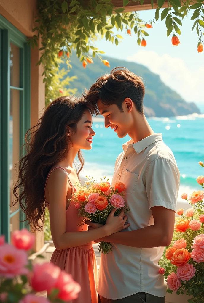 A girl with long curly hair and her boyfriend are arranging flowers in front of a flower shop by the sea. Portraits near the shop. They are happy, happy, a cute guy.