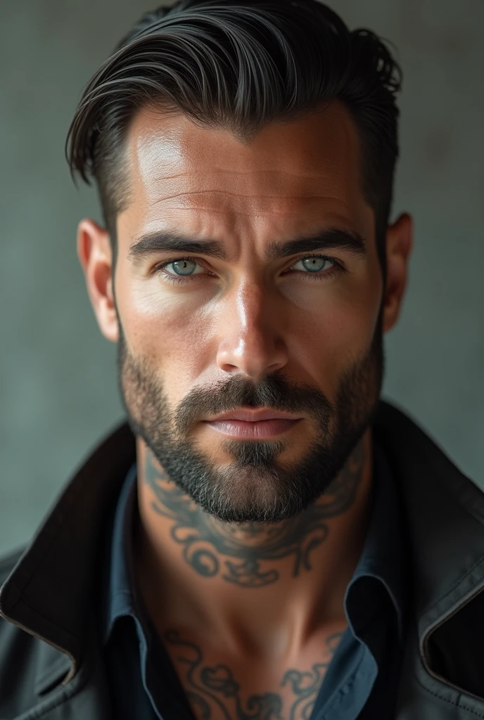 Masculine man. Very handsome, Full lips, straight nose, and a finely trimmed beard and mustache. Light blue eyes and perfectly slicked back hair. Tattoos. 