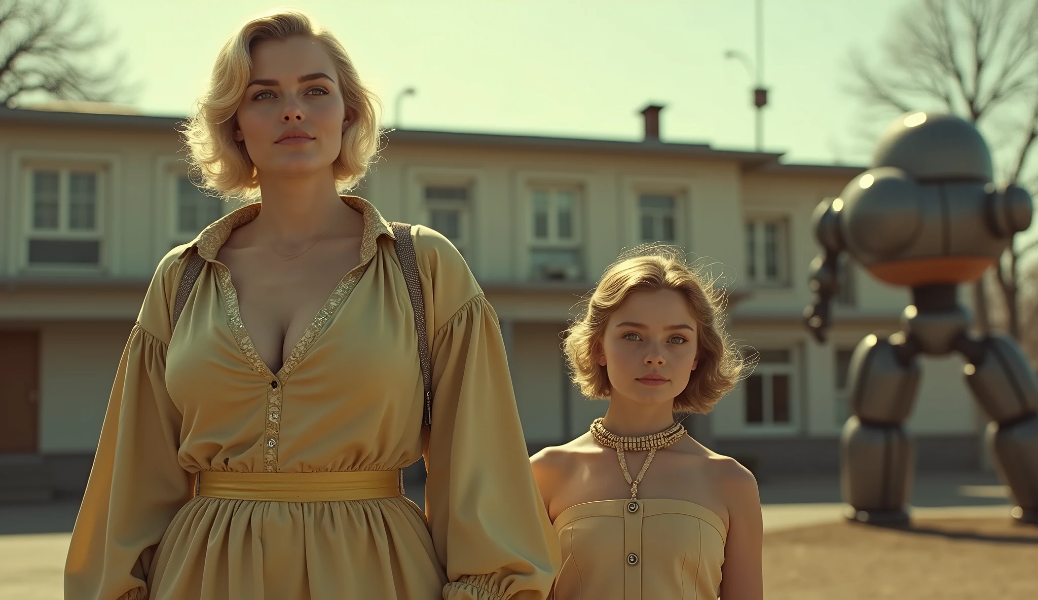 (Masterpiece.UHD.photorealistic analog photography. 50/60´s look) an ultra hot gorgeous European woman.age 23. 1960´s random hairstyle blonde hair, voluptuous curvy figure, perfect round cleavage. Full lips. Round Baby face. Huge natural breasts (100 de size). Wearing 40/50´s clothes. In a dystopian retro futuristic world. She’s a mom with her daughter in front elementary school. 1930 clunky robot. early morning light.