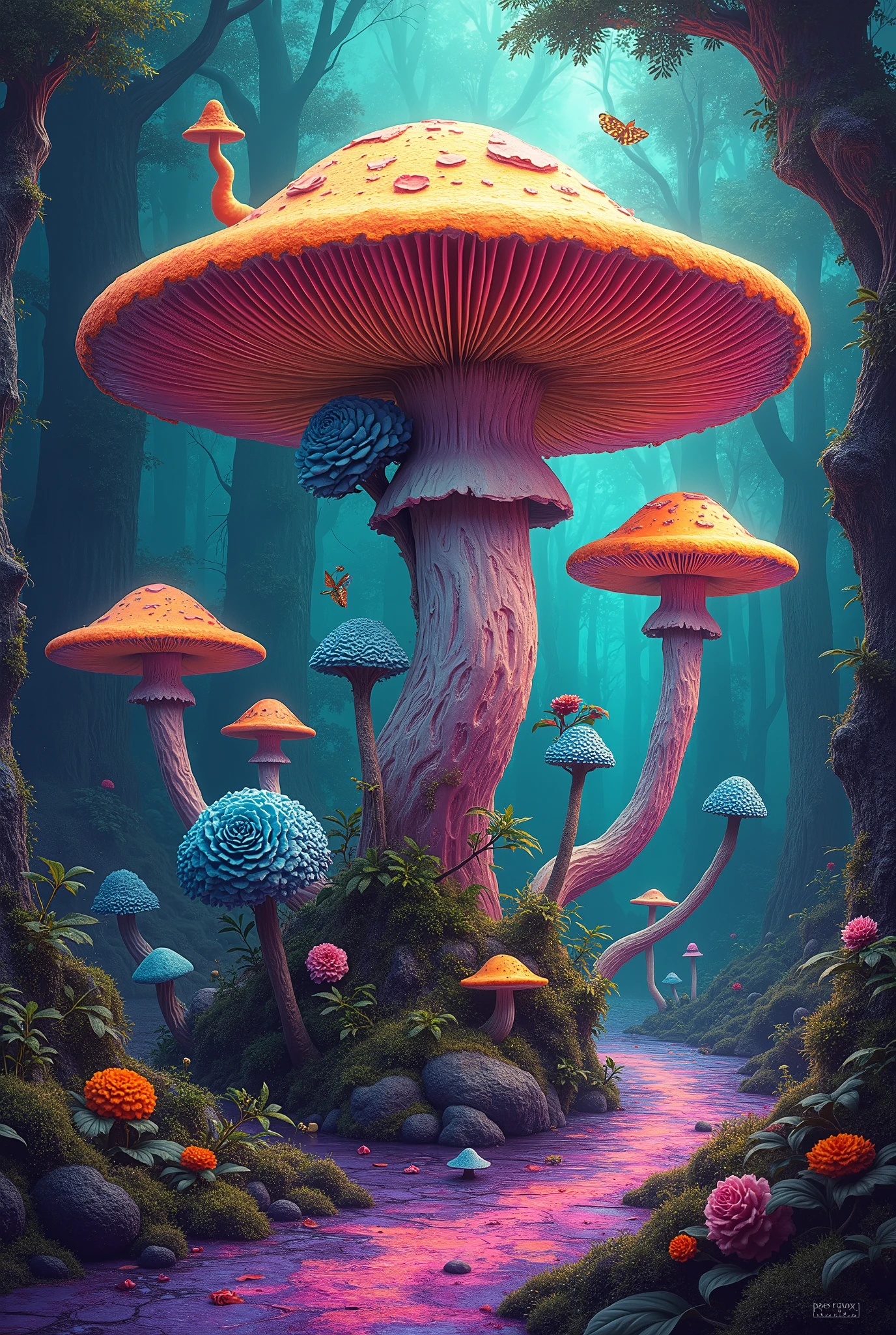 I want a design that is first of all very hallucinogenic, that is to say very abstract with lots of purple and green and various plants like mushrooms and iron or marijuana., Withered blue roses for example or several things like that in my design but I want the whole design to be very hallucinogenic remember very hallucinogenic everything in general