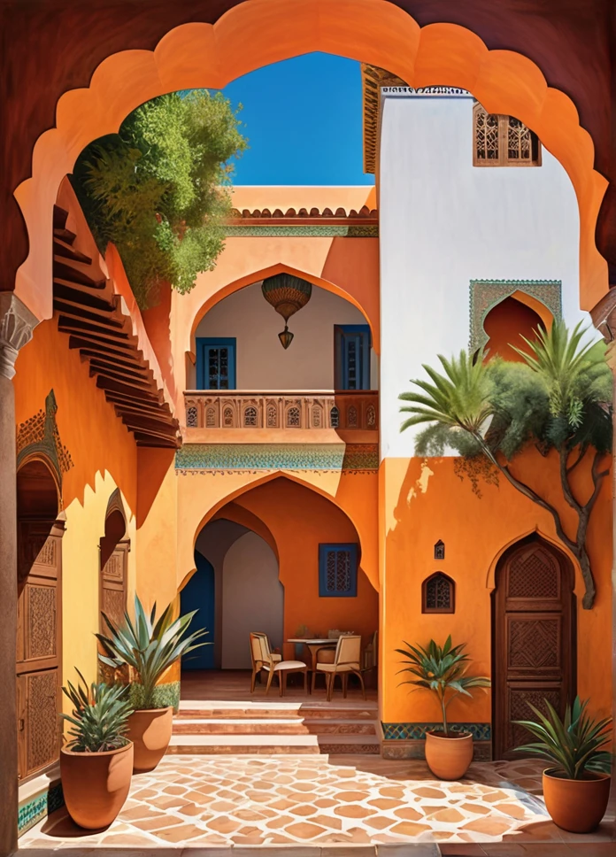 "Visualize an interpretation of Marrocos tradicional architeture. Integrate realistic colors and sharp angles, to convey a feeling of movement and tension. Play with perspective and layering, to create a multidimensional composition, which questions traditional notions of space and form. Be inspired and see nature in a fresh and innovative light.. Unleash your creativity, as you bring this imaginative scene to life on the screen.