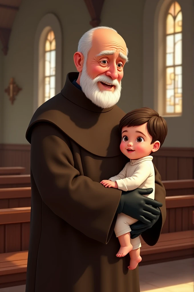 Create traditional image of Padre Pio with brown habit, white beard and black gloves with a loving look, inside the church with a 2 year old baby with dark brown hair and white skin. In the Pixar drawing style
