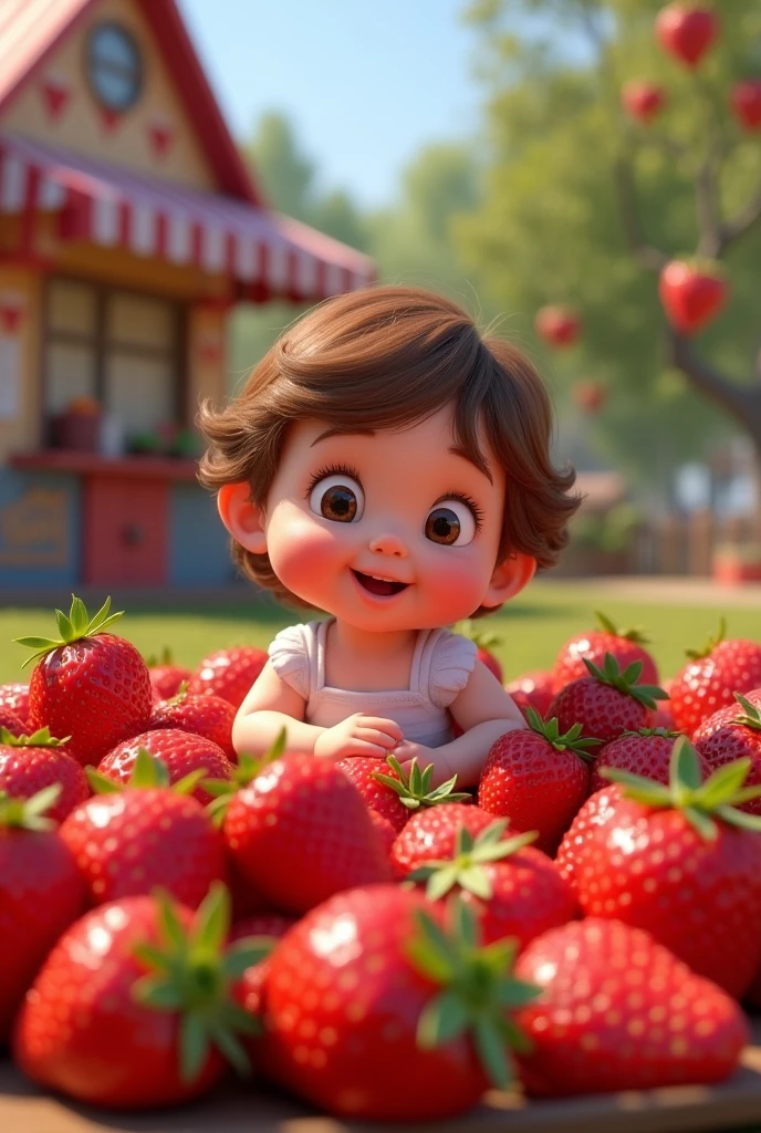 pixar animation: 1 year old baby, Wavy brown hair, Brown eyes, white skin Surrounded by lots of strawberries with a lively strawberries and cream stand