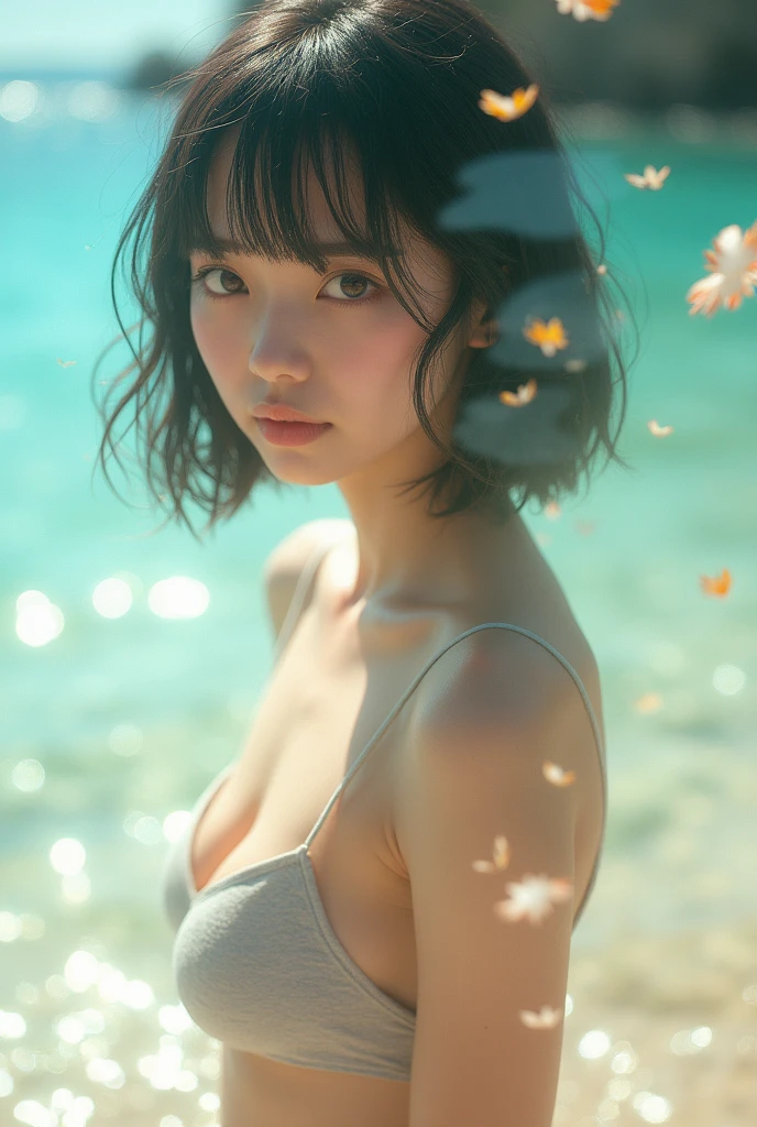 Edit Photos,Highly detailed background,Ultra-realistic,Double exposure,Depth of written boundary,Summer atmosphere,Soft Focus Tone,Story Scene,Perfect Style,Straight hair,short cut bangs,super slim eyes,Micro Bikini