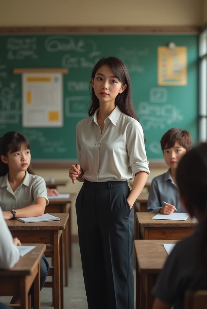 Create a realistic image of a girl giving a lecture at a simple school for students