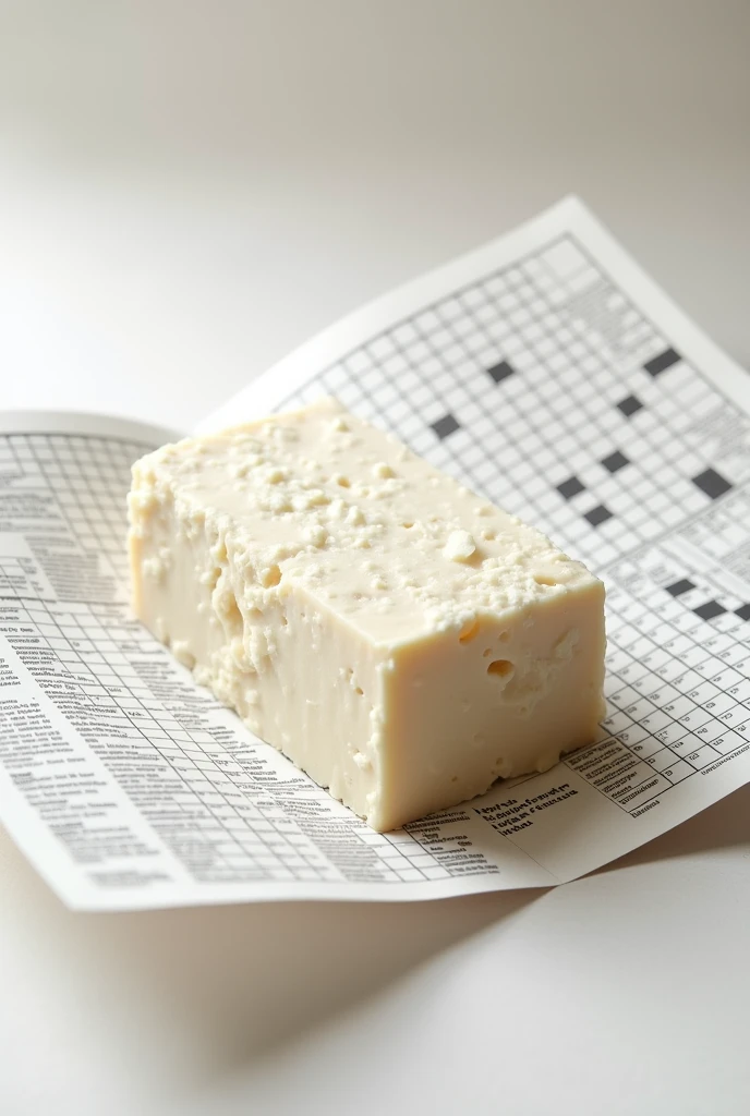 An image of a block of white, crumbly cheese (telemea) placed between two large sheets of crossword puzzles. The crossword sheets should have visible squares and clues, with the cheese positioned as though it's being 'sandwiched' by the papers. The background should be simple, perhaps a neutral color or a wooden surface, to keep the focus on the cheese and crossword sheets