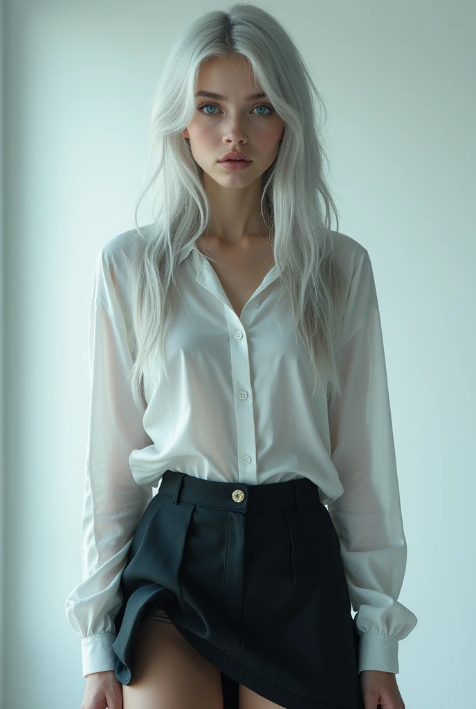realistic photoshoot ,pale skin, wardrobe malfunction, pretty girl, one girl, attractive whitish light blue eyes, ager, silver hair, Koko jormungand, business clothing, skirt, realistic photograph, NSFW