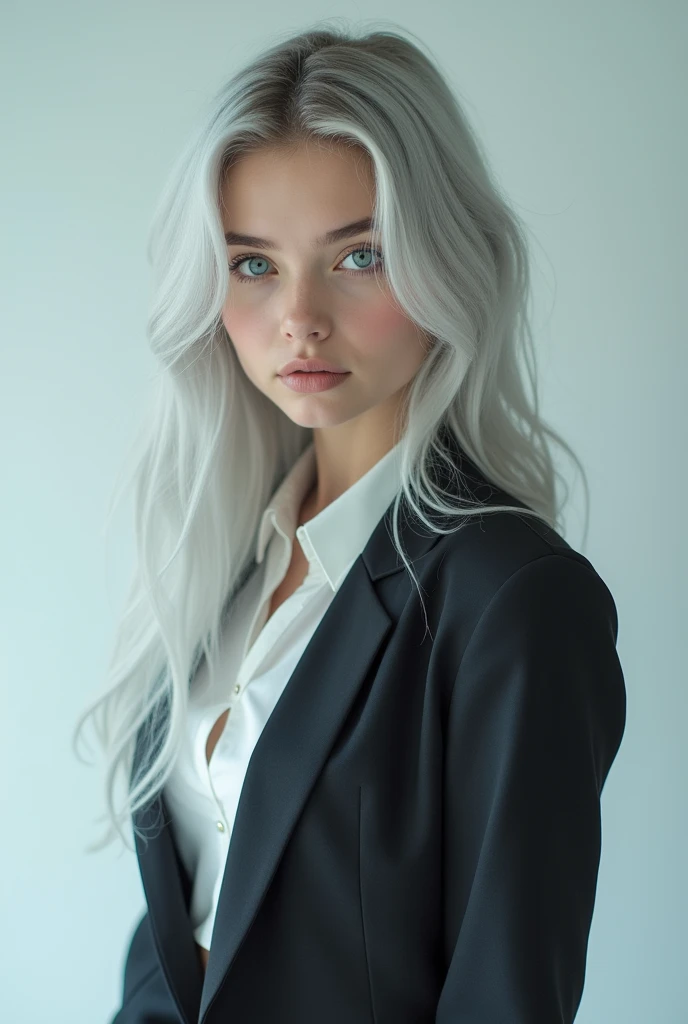 realistic photoshoot ,pale skin, wardrobe malfunction, pretty girl, one girl, attractive whitish light blue eyes, teenager, silver hair, Koko jormungand, business clothing, skirt, realistic photograph, NSFW