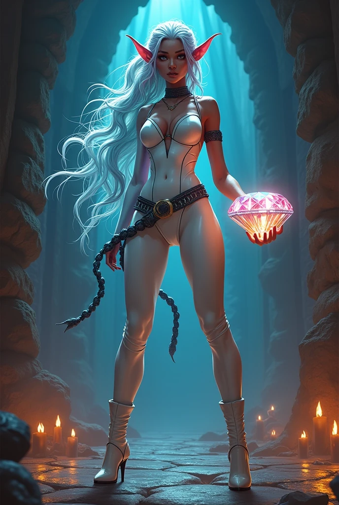 a fantasy epic illustration ((Larry Elmore style: 1.5)) of a dark elf thief holding a large diamond in a vault, a female dark elf thief, full body, small pointy ears, dynamic hair color, dynamic hair style,  ultra detailed face, wearing white leather leotard, white leather pants, busty, small cleavage, high heel boots, she is happy for reaching her goal, success, holding a large sized (red diamond: 1.3), brilliant diamond, many facets, many colors diamond, fantasy safe vault background, torchlight, vibrant, Ultra-high resolution, High Contrast, (masterpiece:1.5), highest quality, Best aesthetics), best details, best quality, highres, 16k, [ultra detailed], masterpiece, best quality, (extremely detailed) RAW, (ultra details, Masterpiece, best quality), diamondWM, Cinematic Shot