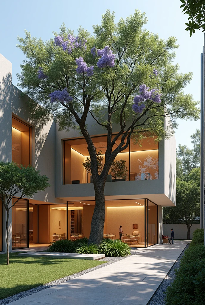 Public space or building inspired and combined with a jacaranda tree that is functional and has a square morphology and natural lighting (architecture)