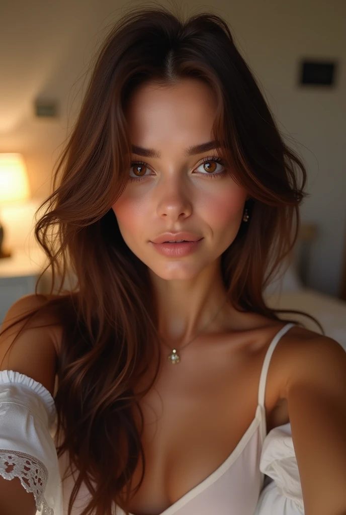 very realistic instagram model 20 years old with brown hair brown eyes a sexy look in her room to take photos for her instagram without blur behind I want a very realistic image
