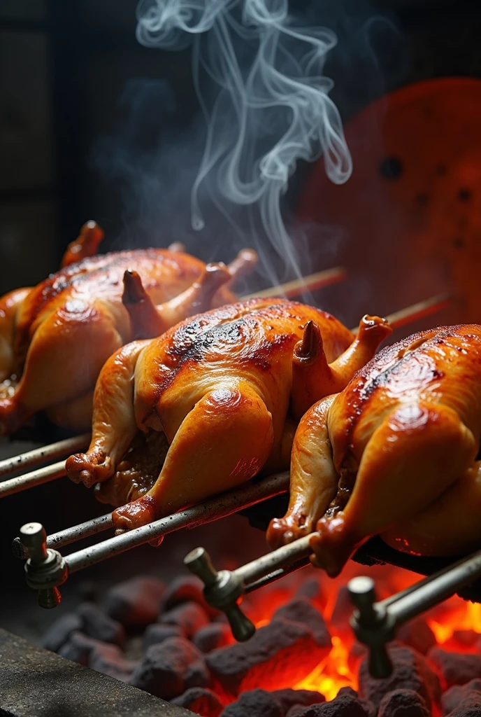 (masterpiece:1.4), (Best Quality:1.2), Create a real image, of several roast chickens cooked inside an oven with charcoal embers. Chickens should be on a metal rod that should go in through the head and out through the legs..