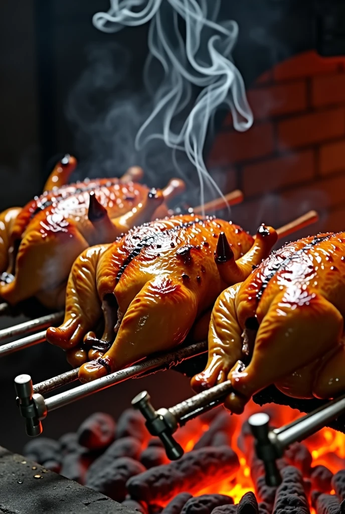 (masterpiece:1.4), (Best Quality:1.2), Create a real image, of several roast chickens cooked inside an oven with charcoal embers. Chickens should be on a metal rod that should go in through the head and out through the legs..
