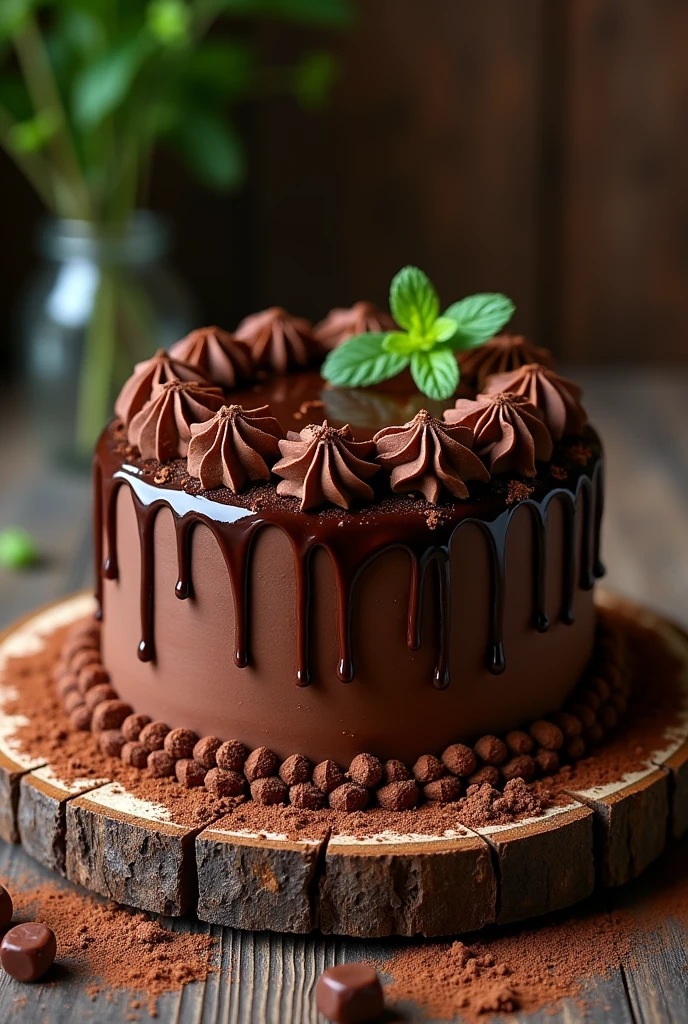 A table and a chocolate cake