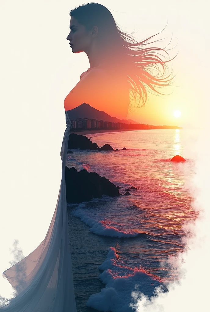 high quality, 8K Ultra HD, A beautiful double exposure that combines an goddess silhouette with sunset coast, sunset coast should serve as the underlying backdrop, with its details incorporated into the goddess , crisp lines, The background is monochrome, sharp focus, double exposure, by yukisakura, awesome full color,