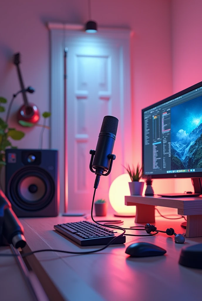 Create a empty studio with a mic and pc full animated from the shoulder level 
