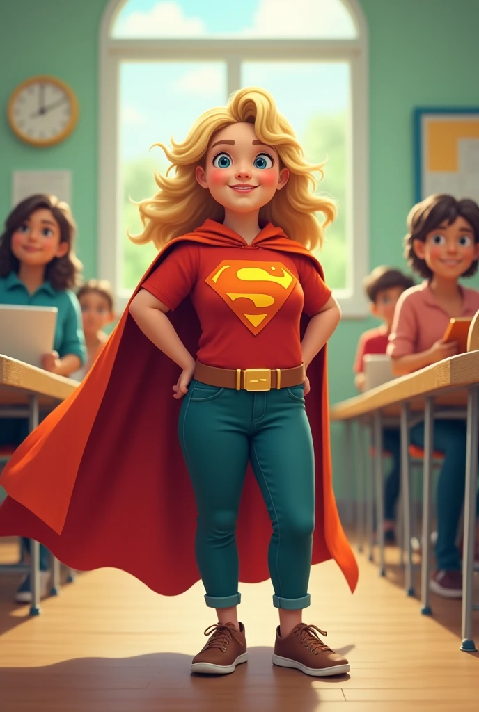 Create a teacher coordinator wearing a superhero cape with short and chubby blonde wavy hair