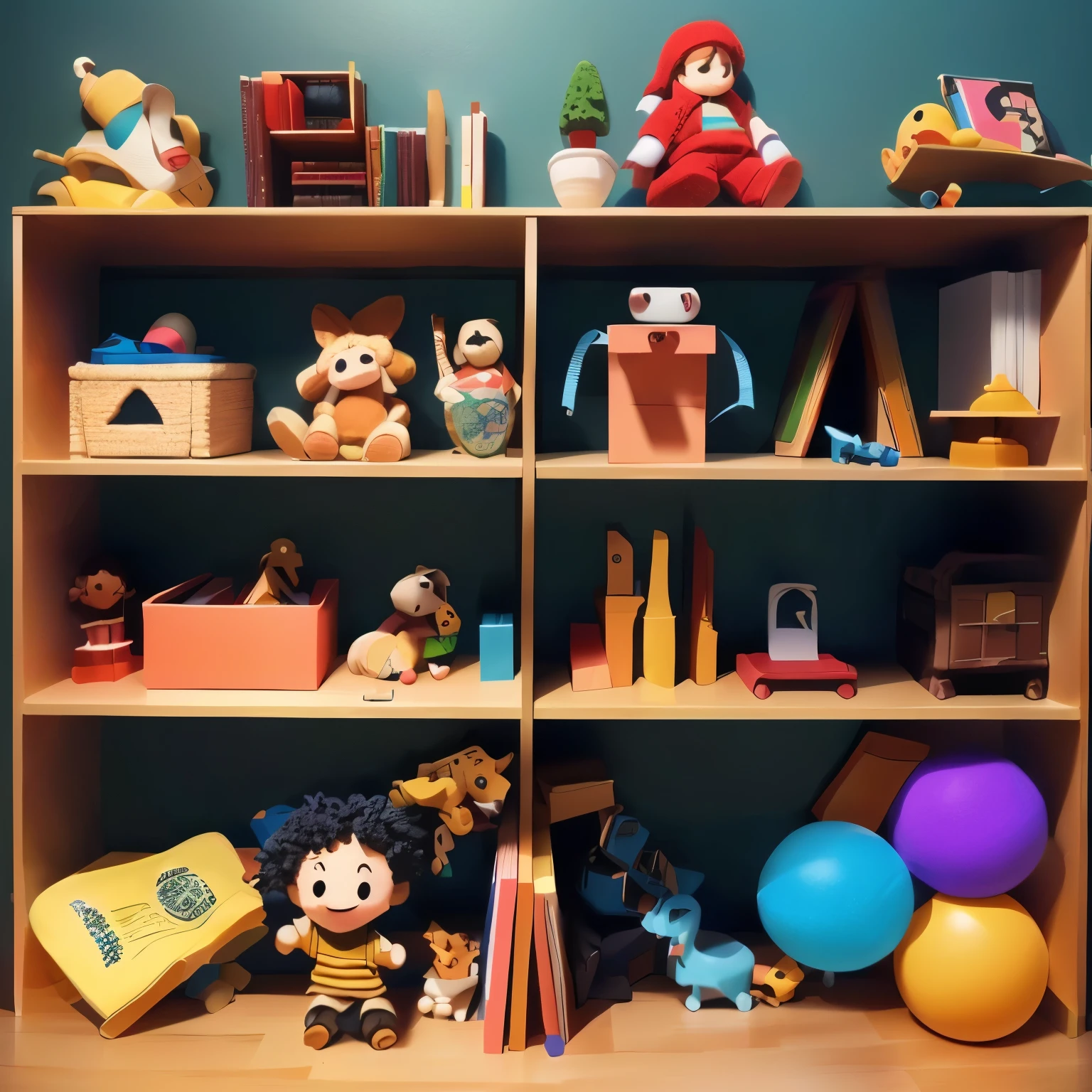 A book child illustration of a shelf with several toys for 5 yo boy