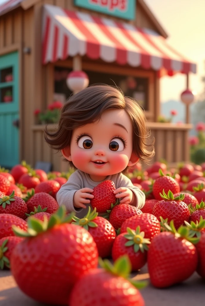 pixar animation: 1 year old baby, Wavy brown hair, Brown eyes, white skin Surrounded by lots of strawberries with a lively strawberries and cream stand 
