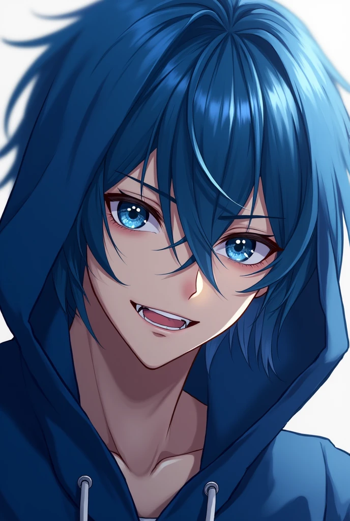 Anime male with blue hair and blue eyes smiling seductively with sharp teeth wearing black hoodie over head 