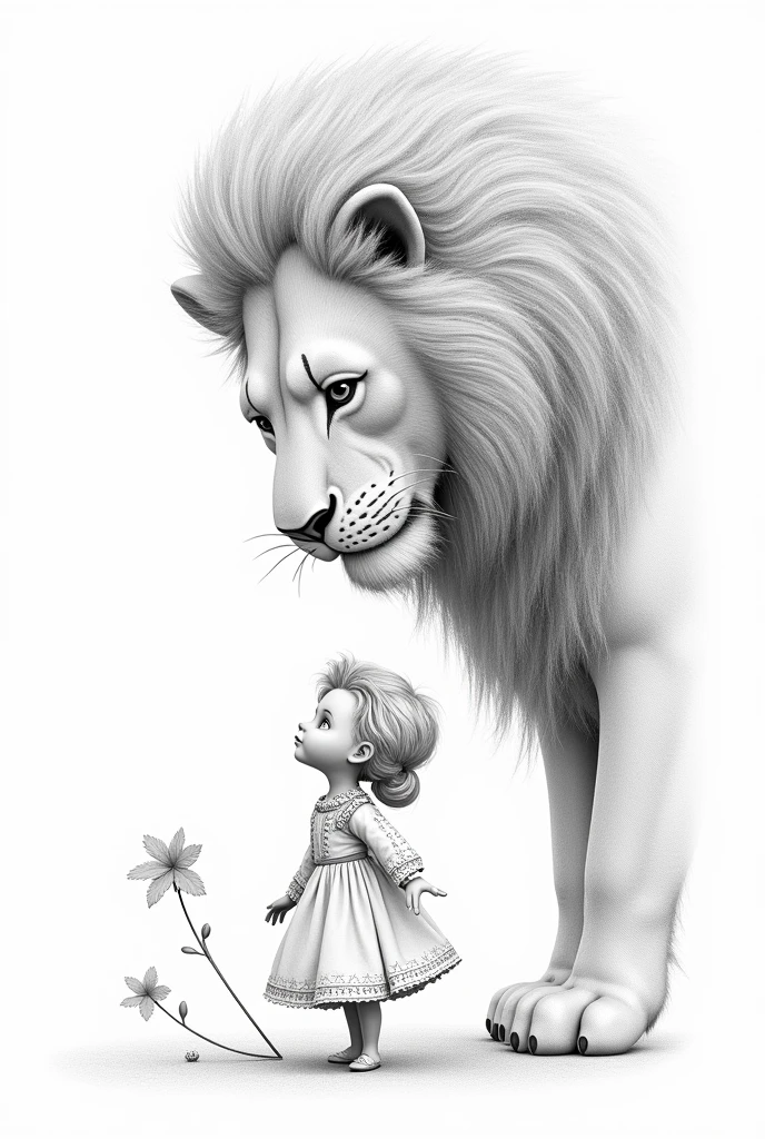 Make art as if it were drawn with a pencil, of a tiny little doll looking up from below, to a giant, majestic lion above him