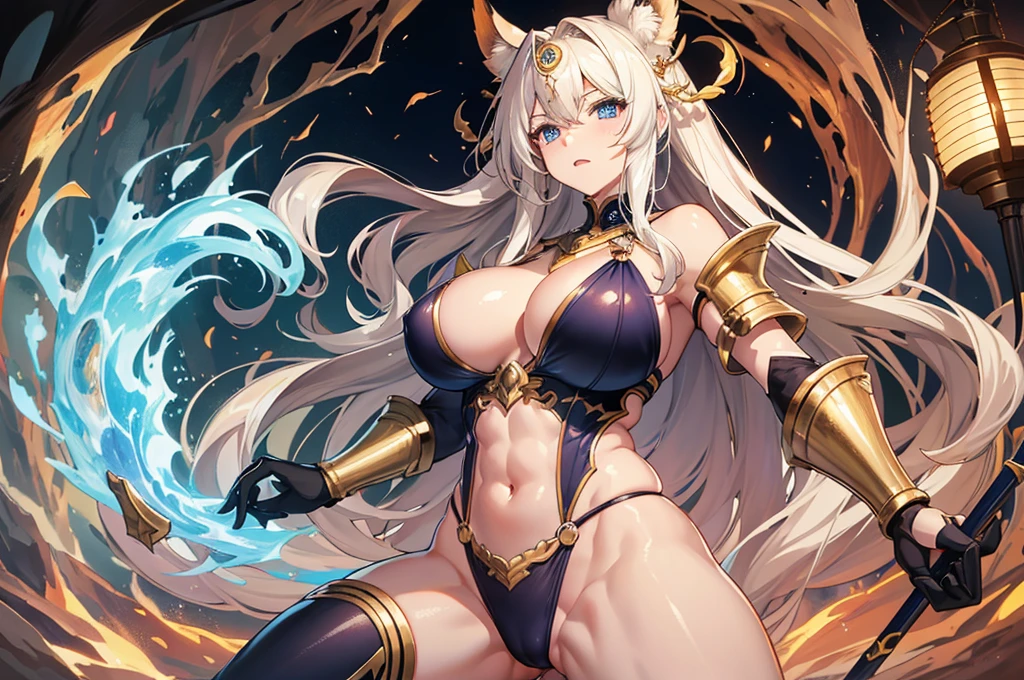 Amazoness, Full body portrait, (cave, Lit by a lantern, Fighting monsters), Golden wavy hair, blue eyes, (Perfect Anatomy), (Perfect Eyes) 彼女の体型は非常にMuscularで豊満だ, Huge big breasts, Heavy chest, Abdominal musclesが割れている, Micro bikini with small cloth area, 大きなAbdominal muscles, ((She&#39;s holding a big axe)), Artwork, Lots of details, 8k, CG , Cinematic ,High resolution, masterpiece, masterpiece, Highest quality, ( Detailed skin texture, Super-detailed body: 1.1), (Highly detailed skin: 1.2), (Muscular, Muscular biceps, Abdominal muscles: 1.2)